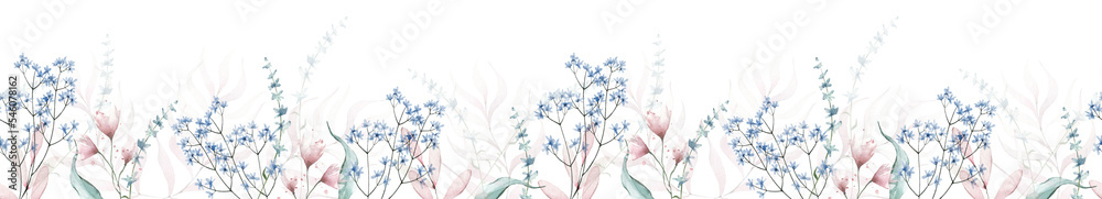 Wall mural watercolor painted floral seamless border. pink and blue wild flowers, branches, leaves and twigs. c