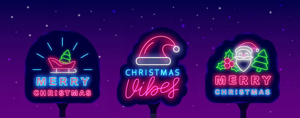 Merry Christmas neon street billboards collection. Holiday vibes. Luminous advertisings set. Vector illustration
