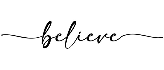 Believe - Christmas Christian word Continuous one line calligraphy. Minimalistic handwriting with white background