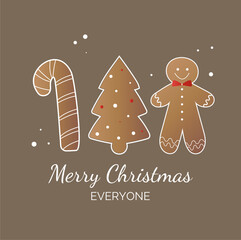 Christmas card with gingerbread. Holidays invitation card, poster, banner, postcard, print.