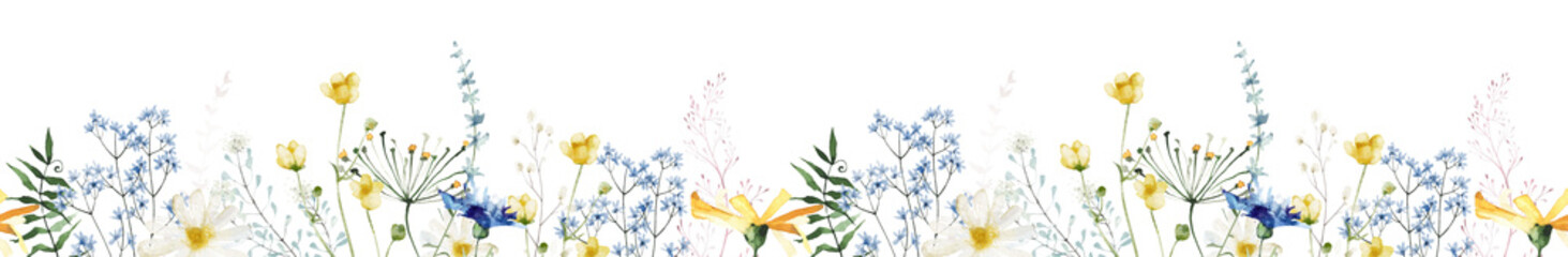 Watercolor painted floral seamless border. Green and yellow wild flowers, branches, leaves and twigs. Cut out hand drawn PNG illustration on transparent background. Watercolour clipart drawing. - obrazy, fototapety, plakaty