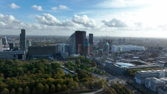 The Hague urban skyline of the center in The Netherlands south Holland, houses dutch government embassier ministires and supreme court and royal family. Aerial drone view.