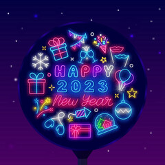 Happy 2023 New year neon street billboard. Circle layout with icons. Santa Claus, mask and gift. Vector illustration