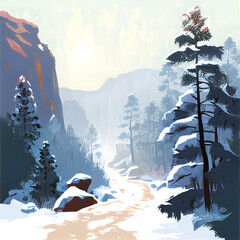 Waldlandschaft in den Bergen im Winter bei Schneefall, Illustration