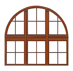 Vintage brown wooden window with arch on white backgrou
