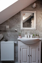 Cozy bathroom with stylish sink on the cabinet and mirror on the wall. Cactus and succulents in stylish interior in the hotel. Vertical.