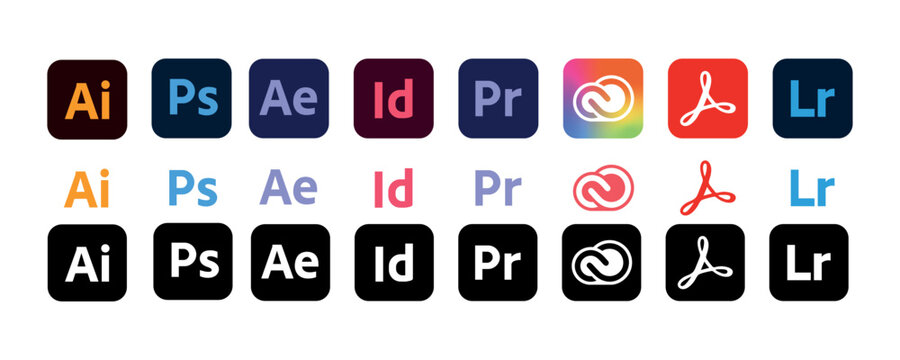 Adobe product logotype set. ollection button on transparent background: Illustrator, Photoshop, Creative cloud, After Effects, Acrobat DC, InDesign.