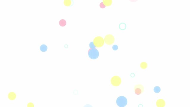 Random moving soft peach yellow blue and green confetti on white background. Candy colors template. Cute festive banner with circles and discs. Round shape elements loop animation. Motion graphics