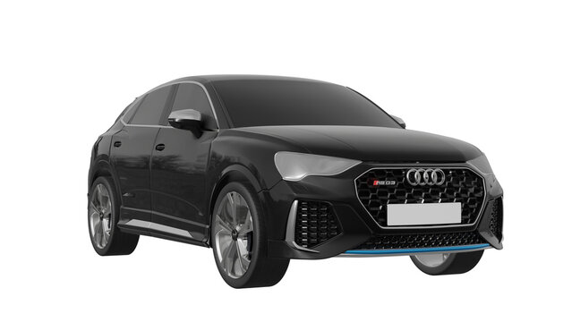 AUDI Q3 3d rendering of AUDI car on transparent PNG background, black front perspective view