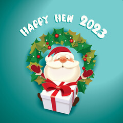 Santa Claus with a gift box and Christmas wreath, Happy New Year 2023 celebrate concept