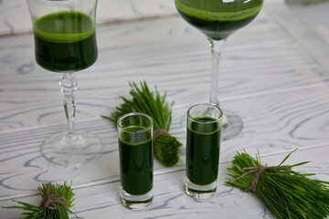 Two tall glasses on glass leg and small glasses filled with vitamin and useful wheatgrass for vegetarians and adherents healthy lifestyle. Green wheat sprouts are rich in selenium, promote weight loss