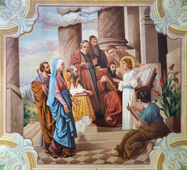SEBECHLEBY, SLOVAKIA - OKTOBERT 8, 2022: The fresco Twelve old Jesus in the Temple in St. Michael parish church by Jozef Antal (1963). - obrazy, fototapety, plakaty