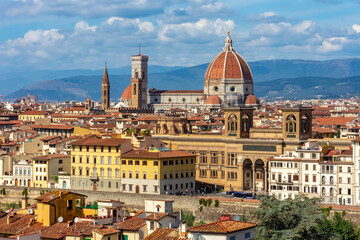 Florence cathedral (Duomo) over city center, Italy (inscription "National central library")