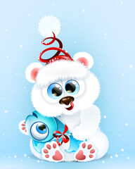 Cute fluffy winter cartoon little white bear in Santa hat holding a fish with bow