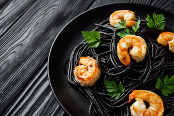 delicious black spaghetti pasta on a black rustic wooden background