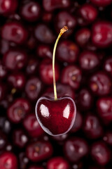 creative image of single sweet cherry with spig in front of defocused heap of berries