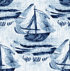 Indigo Dye Wash Coastal Damask Quilt Seamless Pattern. Washed out Geometric Dip Dyed Blur effect for Nautical and Marine Ocean Blue Interior Textile Backgrounds with Linen Texture Tile