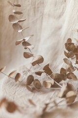 Vertical shot of a dried plant with jute linen background