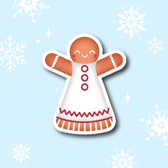 Vector illustration. Sticker of a gingerbread cookie for Christmas and New Year. Background with snowflakes. Element for design and decor.