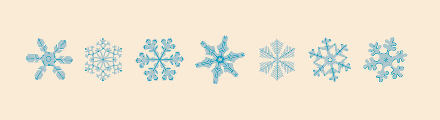 Fototapeta premium Various snowflakes set in outline cartoon style. Different ice crystals shapes. Winter decoration concept. Frozen gentle stars vector illustration. Symmetric Hexagon ornament. All items are isolated