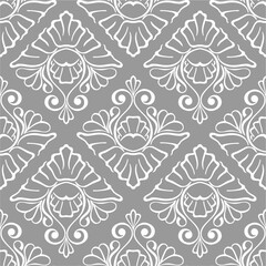 seamless graphic pattern, floral white ornament tile on gray background, texture, design