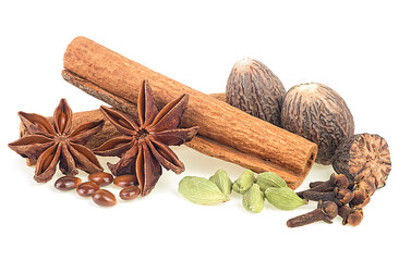 Fototapeta na wymiar Christmas spices - anise stars, cardamom pods, nutmeg, cloves and cinnamon sticks on a white background.