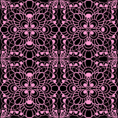 seamless graphic pattern, floral pink ornament tile on black background, texture, design