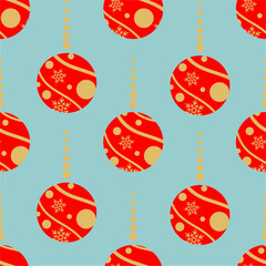 seamless pattern of red and gold Christmas toys on a blue background, Christmas background