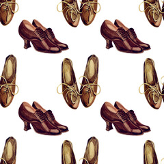 Women's shoes on a white background. Watercolor seamless pattern. Vintage style.