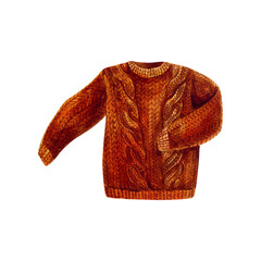 Orange knitted sweater. Pigtail pattern. Watercolor illustration. Vintage fashion.