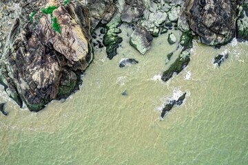 Aerial view of a beautiful, rocky beach