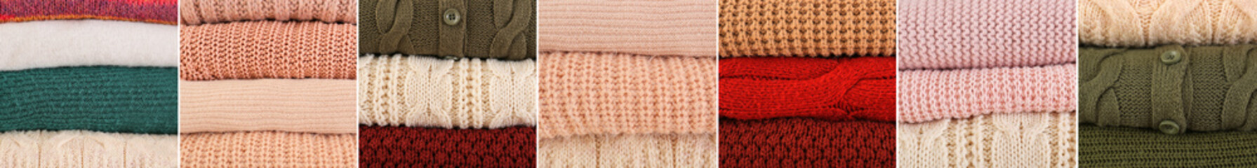 Collage of stacked warm winter clothes, closeup