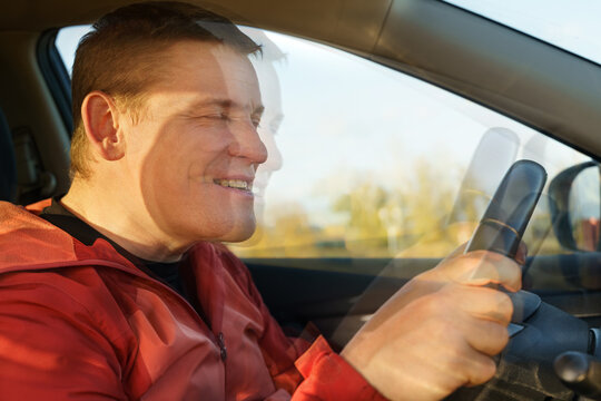Drunk driver driving a car, the image is bifurcated.