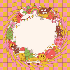 Round frame with Groovy Christmas bright elements, colorful toons characters and sweet food. Tritty Concept fir Xmas and New Year with distorted checkered background. Vector illustration.