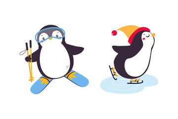 Cute Penguin with Red Cheeks Skiing and Ice Skating Vector Set