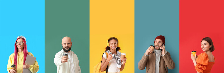 Collection of different people with paper cups of coffee on color background