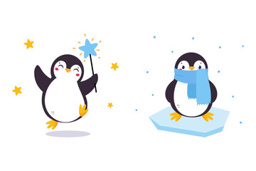 Cute Penguin with Red Cheeks Wearing Scarf on Ice Plate and Jumping with Magic Wand Vector Set