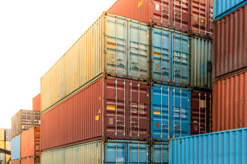 Cargo containers. Cargo container yard. Stack of freight containers at the docks. Industrial yard. Import and export logistic concept.