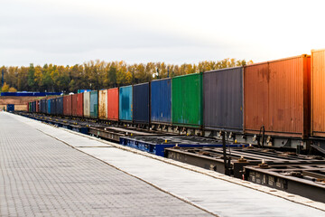 Freight train. Cargo containers transportation by railway. Impoert export logistics concept....