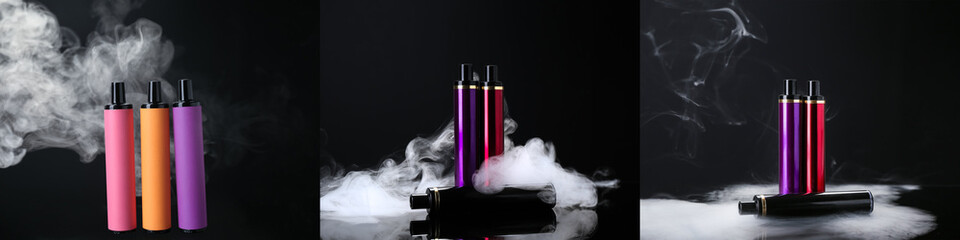 Collage of disposable electronic cigarettes with smoke on dark background