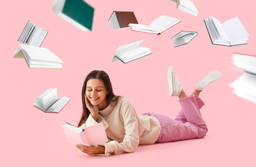 Smiling young woman and many flying books on pink background