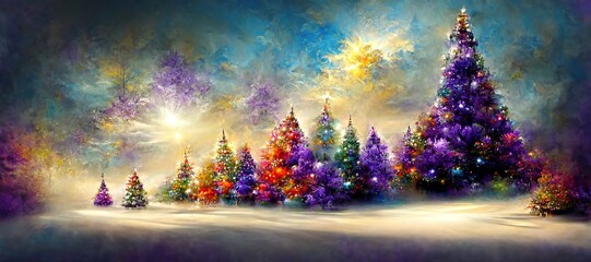 Christmas themed landscape, brilliant colors, beautiful lights, illustrative, greeting card design 