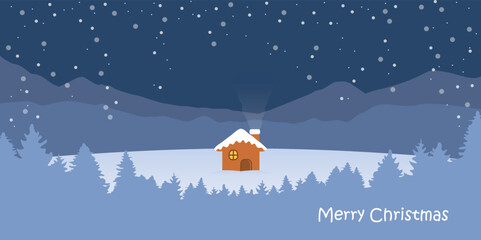 christmas greeting card with little house on snowy winter landscape