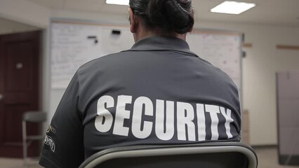 Back view of a female security guard listening to a man explaining a thing in front of a whiteboard