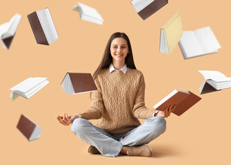 Beautiful meditating woman and many flying books on beige background - obrazy, fototapety, plakaty
