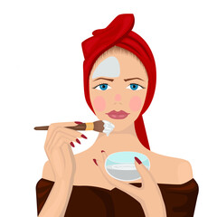 A girl with a towel on her head applies a moisturizing cream or mask to her face with a brush. Vector illustration