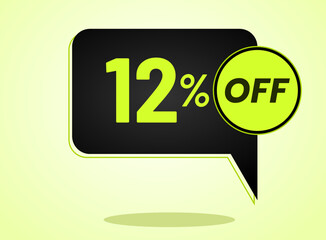 12% off limited special offer. Banner with 12 percent off in black and yellow green neon circular balloon.