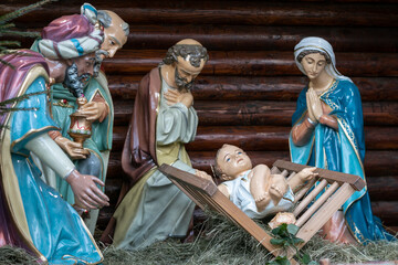 Nativity of Christ. Christmas Nativity scene with The Holy Child, The Blessed Virgin Mary, Saint...