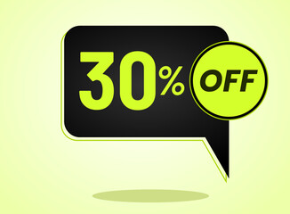 30% off limited special offer. Banner with 30 percent off in black and yellow green neon circular balloon.