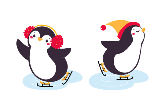 Cute Penguin with Red Cheeks in Hat and Earmuffs Ice Skating Vector Set